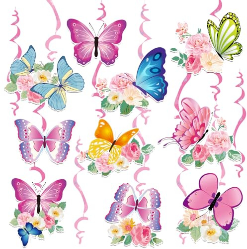 Schmetterling und Blumen Girlande, Rosa und Blau, 12 Stück Hängende Spiraldekoration für Party