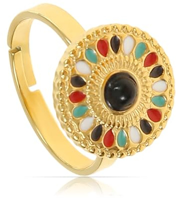 Made by Nami Goldener Ring Damen mit Cleopatra Verzierung mit Sonnen Symbol und bunten Steinen Ägyptischer Schmuck Wasserfest Größenverstellbar