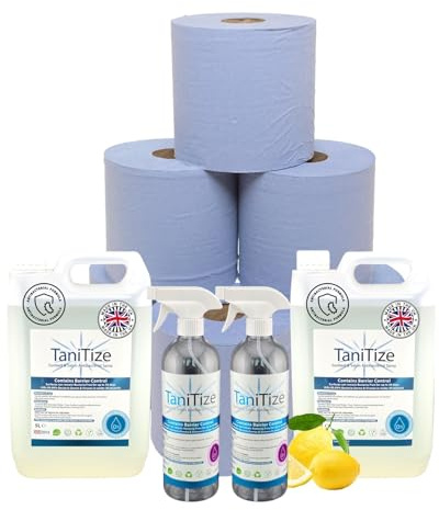 Sunbed Sanitiser & Salon Cleaner Spray - 10 Pack + 2 x Spray Bottles | TaniTize, +2 Ply 500 Wipe Blue Centerfeed Rolls, Alcohol Free, Multi Purpose Cleaner