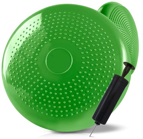 OcioDual Cojin Equilibrio Verde, Wobble Cushion, Cojin de Equilibrio, Cojín Oscilante para entrenamiento de Core, Propiocepción, Agilidad, Superficie PVC con Inflador Manual