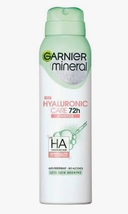 Garnier Mineral Hyaluronic Care 72h Sensitive Deo Spray 150 ml. Anti-Perspirant - No Alcohol enriched with hyaluronic acid of vegetable origin and mineralite x 6 (Pack of 6)