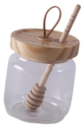 Baoblaze Honey Storage Container Honey Pot with Lids and Wooden Dipper Honey Container Glass Honey Jar for Syrup Wedding Party Kitchen, Pinewood Lid