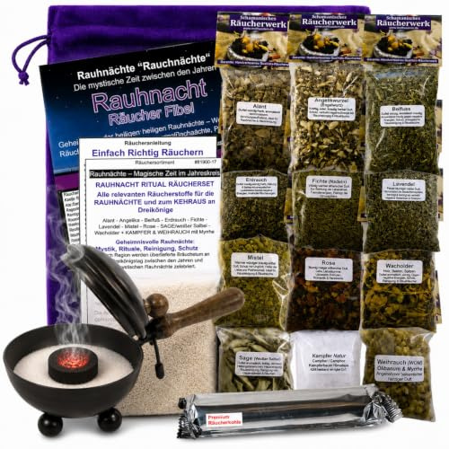 RAUHNÄCHTE räuchern 19-TLG Räucherset Rauhnacht Ritual Set 12x Räucherwerk | Salbei, Weihrauch, Myrrhe, Lavendel uvm. 7x ZUBEHÖR, Räuchergefäß (Räucherpfanne), Anleitung, Täschchen 81900-17P