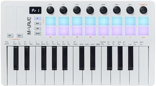 M-VAVE 25 Keys 16 Backlit Drum Pads MIDI Keyboard – Professional Beat Maker and Keytar for Keyboard Music Production Builtin Battery Wireless Connect White
