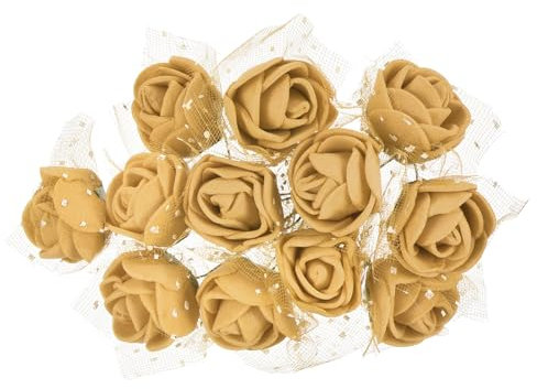 PATIKIL Teste Fiori Artificiali Mini Rosa 0.98, 144Pz Bulk Stelo Schiuma Rose Finte con Garza per Bouquet da Sposa Boutonniere Decorazioni per Torte Artigianato Casa Festa, Oro