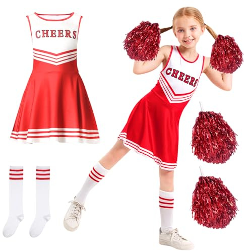 Disfraz Animadora Niña, Disfraz Cheerleader Niña, Traje Animadora Niña, Uniforme Cheerleader Cheerleader Costume con 2 pompones y 2 calcetines, para Carnaval, Halloween, Eventos Deportivos (140)