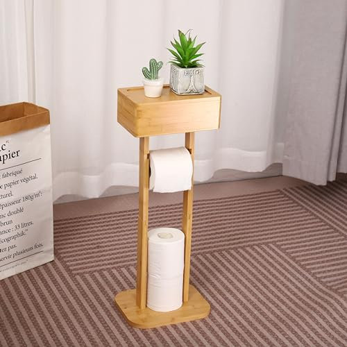 Bambus Toilettenpapierhalter Ständer mit oberer Aufbewahrungsbox Freistehender Toilettenpapierhalter mit Feuchttücherbox Badezimmerregal für Toilettenpapierrollen