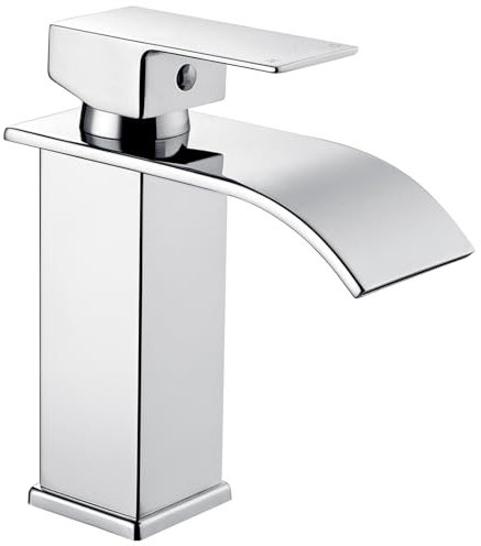 Peppermint Basin Taps Mixers Waterfall Bathroom Sink Mixer Tap Mono Square Stainless Steel Monobloc 1 Hole with G1/2'' Hoses Modern Cloakroom Taps Chrome Single Lever