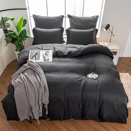 Amolavet Hotel Bettwäsche 135x200 2 Teilig Set Mako Satin Damast Schwarz Bügelfrei & Atmungsaktiv Kühler Sommer Mikrofaser Bettbezug mit Reissverschluss Luxus Hotelqualität für Hautfreundlichen Schlaf