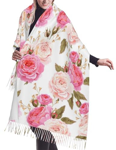 Poadnly Rosa und weiße Rose, Großer weicher Kaschmir-Schal, Wickelschal, Fransenschal, leichte Stola, 196 x 68 cm