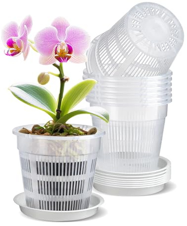 IWTTWY 8 Stück Transparenter Orchideentopf, 16cm Kunststoff-Pflanztöpfe | mit Ablaufloch und Tablett, Zimmerpflanzentöpfe für Orchideen-Umtopf-Set, Samen-Sämling-Töpfe für Wurzelwachstum