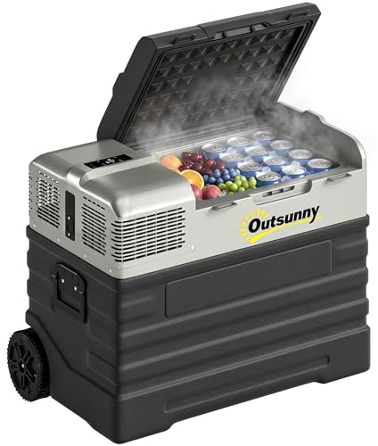 Outsunny Glacière électrique à compression 56L, glacière voiture portable 12/24V et 100V-240V, modes ECO/MAX, tige télescopique et roulettes, pour maison, camion, camping, camionnette, bateau, noir