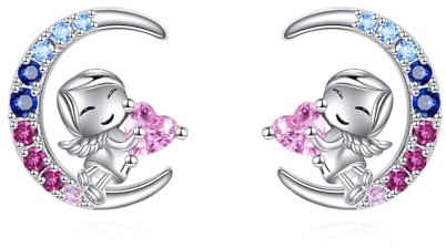 VONALA Mond Mädchen Ohrringe Engel Katze Axolotl Hochlandkuh Hase 925 Sterling Silber Taufe Kommunion Geschenk Schmuck mit Rosa Zirkonia für Damen Mädchen Kinder