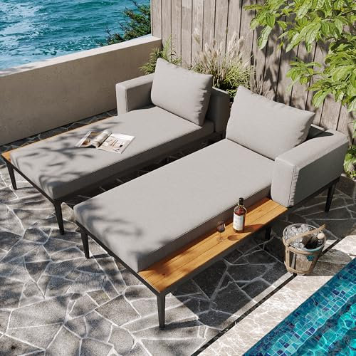 GigaXynium Rattan Doppel-Liege, Gartenliege mit seitlichem Regal, Sonnenliege Doppelliege 2 Personen Klapptisch, Individuell Einstellbarer Winkel Outdoor-Sofa (Grau C)