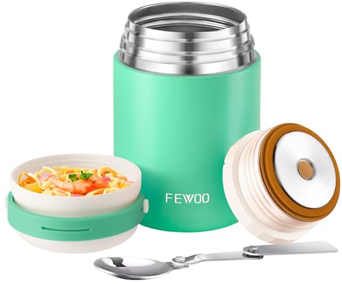 FEWOO Soup Flask, 600ml Vacuum Insulated Food Jar for Hot Cold Food, Leak Proof Soup Containers for Kids and Adults (Green)