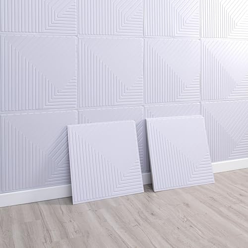 Tokenhigh 10Pcs 3D Wall Panels Self Adhesive, 30x30cm Wood Slat Effect Wall Tiles, Waterproof Peel and Stick Wallpaper Wall Panelling, Decorative Wood Grain Printing Wall Panels (White)