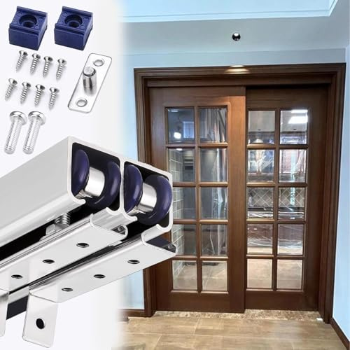 HWLL Sliding Door Kit Pocket Sliding Door Track Set for Wooden Door, Dual Track Aluminium Bypass Door Hardware Top-Mounted, Door Frame Guide for 3/4-1 Thick Doors(Silver,100cm(39.4in))