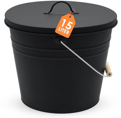 Zink Ascheeimer Oval mit Holzgriff und Deckel 15 L - schwarz - Metall Eimer zum Bepflanzen oder Transportieren - Gartendeko Blecheimer Ascheeimer Pflanzeimer Eiskübel Sektkühler