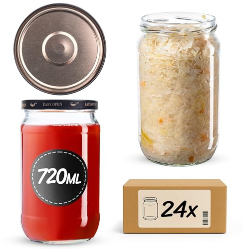 KADAX 24er Set Einmachgläser 720ml TO82, Große Sturzgläser mit Schraubdeckel, Einkochgläser Fermentierglas für Gurken, Gemüse, Sauerteig (Schwarz/Gold)