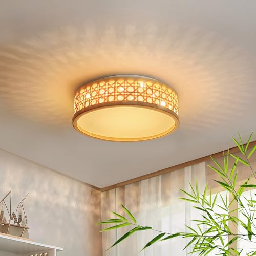 LUOLONG LED Deckenleuchte aus Bambus 30cm Runde Deckenlampe 25W 3000K Holz Deckenleuchten Handgefertigte Vintage Rattan Holzlampe für Wohnzimmer, Schlafzimmerlampe, Esszimmer, Flur