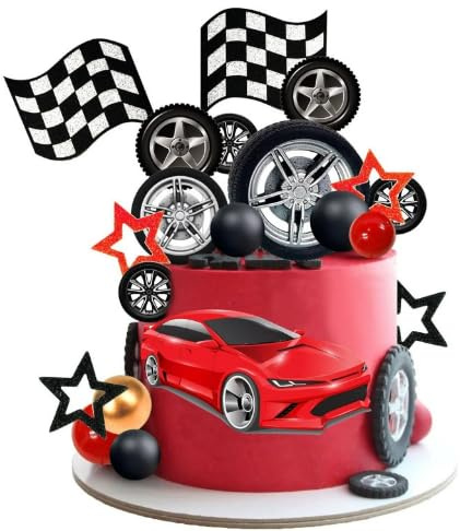 28Pcs Race Car Cake Topper, Racing Car Theme Happy Birthday Cake Toppers, Racing Sports Cupcake Decorations for Boys Men Baby Shower Birthday Party Supplies, Red