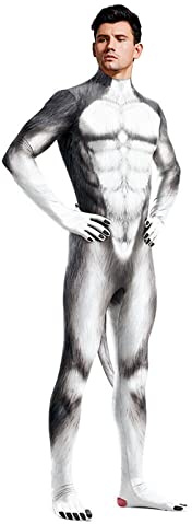 Animal Wolf Muscle Catsuit Jumpsuit with Tail,Women Men Halloween Fullbody Big Bad Wolf Cosplay Costume (Male,X-Large)
