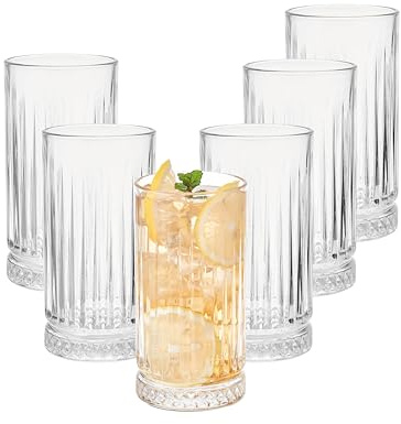 Set of 6 Timeless Ribbed Highball Drinking Glasses, Lead-Free Glass Tumblers with Crystal-Cut Base, Dishwasher Safe Barware for Cocktails, Whiskey, Water, Juice, Home Bar & Special Occasions (350ml)