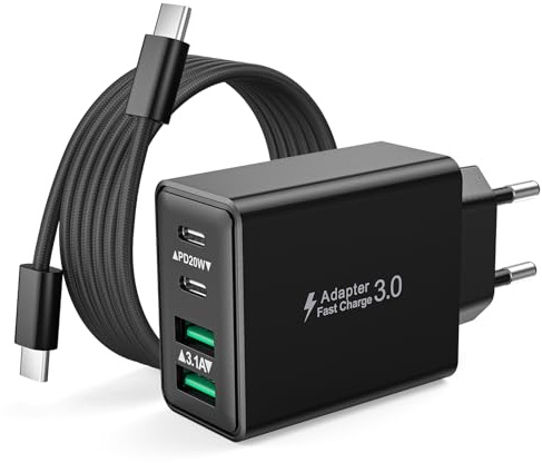Cargador iPhone Carga Rapida, USB C Charger Enchufe con 2M Cable USBC para iPhone 17 16 15 Pro MAX Plus 16e iPad, Samsung Cargador USB C Múltiple 40W 4-Puertos Rápido Enchufe Adaptador Cabezal