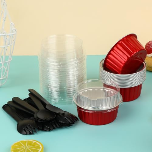 Mini Aluminum Foil Cupcake Baking Cups With Lids (20pcs) Round Cupcake Foil Liners Tart Pie Tin Pan Holder - Disposable Mini Cake Containers Flan Molds For Pudding, Souffle, Party, Wedding