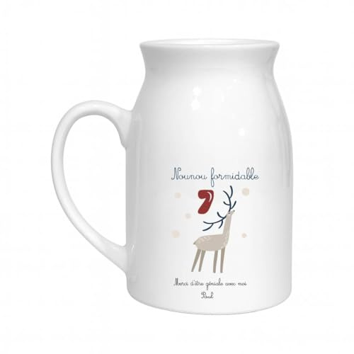 Pot à lait Noël personnalisable – Texte au choix (nounou, marraine, mamie, message libre) – Cadeau fin d’année/Noël – Céramique 450 ml – Multi-usage – Lave-vaisselle