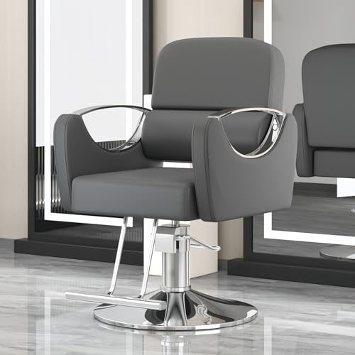 Salongstol för hårstylist med 360° sväng, justerbar höjd hydraulisk frisörstol för skönhetssalong, barberarsalong, tatueringsstudio,Gray,Silver chassis