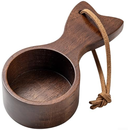 Cuchara medidora de madera de nogal con diseño de pescado único para recoger granos de café, té y alimentos secos esenciales con colgador de cuero (A)