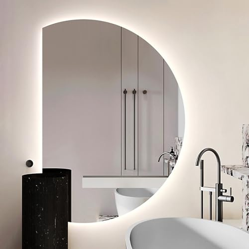 Aenmezen Moderno Specchio da Bagno da Parete a Mezzaluna, Specchio Cosmetico Anti-nebbia Senza Cornice, Antideflagrante Retroilluminato, 3 Colori Dimmerabile(Left cut,100 * 70cm)