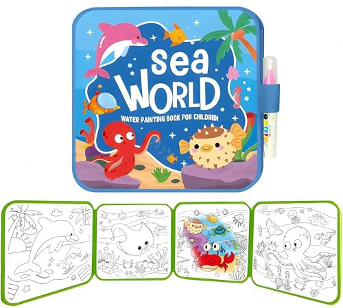 Embhlitfe Mess Free Water Painting Book, Reusable No Mess Aqua Art Magic Water Drawing Kit for Kids, Underwater World Ocean Theme Sensory Educational Travel Toy (Underwater World)