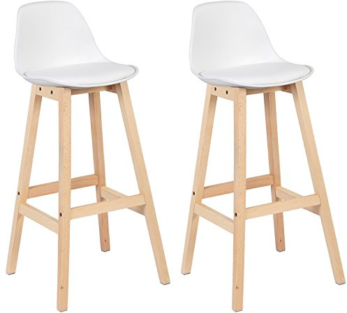 WOLTU Sgabello da Bar Sedia Alta Cucina Ristorante con Schienale Poggiapiedi PU Legno Moderno 2 Pezzi Bianco