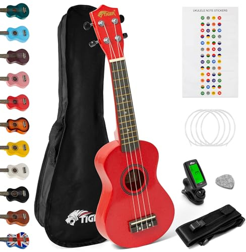 TIGER UKEKIT Ukulele-Set für Anfänger, Sopran-Ukulele, Stimmgerät, Gurt, Uke Stickers, Ersatzsaiten und Filzplektrum - Rot - | UKEKIT-RD Set mit Stimmgerät, Gurt, Tasche, Filzplektrum & Ersatzsaiten, mit Aquila‑Saiten, ideal für Kinder & Anfänger