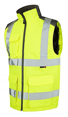 Leo Workwear Torrington Hi-Vis Warm Quilt Lining PU Coated Polyester Bodywarmer, Large, Hi-Vis Yellow