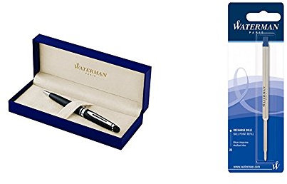 Waterman S0951900 Expert-Kugelschreiber (Strichstärke M, mattschwarz mit Palladiumzierteilen, blaue Tinte) + Waterman S0944490 Kugelschreibermine (M) Tinte in blau