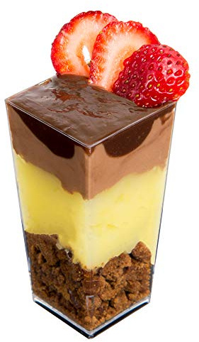 DLux Dessert Cups, 90 ml - Clear Plastic Parfait Appetizer Cups, Square Tall Reusable Shot Glass Bowl for Party Desserts Appetizers - with Recipe Ebook