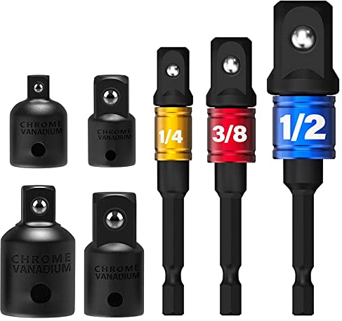 wohot 7-tlg Stecknuss Adapter Set, 3 Stück Adapter Sechskant auf 1/4, 1/2, 3/8 Vierkant + 4 Stück Stecknussadapter 1/4 auf 3/8, 3/8 auf 1/4, 3/8 auf 1/2, 1/2 auf 3/8 | CR-V