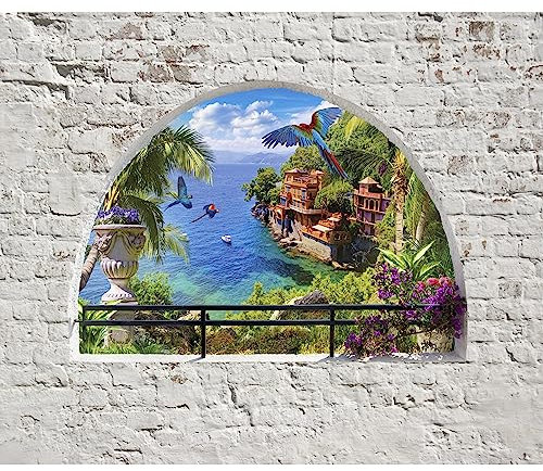 murando Fototapete selbstklebend 441x315cm Foto Tapete Tapetenfolie Möbelfolie Wandverkleidung Wandtapete Motivtapeten Bildtapete Wohnzimmer 3d Effekt Modern Mauer Landschaft Meer See Palmen