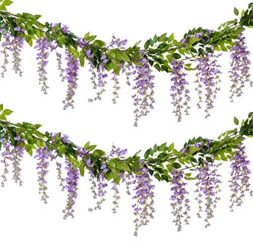 WARMIE 4x7FT Flower Garland Wisteria Artificial Flowers Fake Wisteria Vine Silk Fake Wisteria Vine Ivy Plants for Wedding Party Home Wall Decoration Trailing Flower In/Outdoor (Purple)