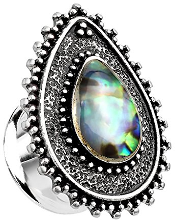 Taffstyle Ohr Plug Flesh Tunnel Piercing Ohrpiercing Vintage Tropfen Form mit Perlmutt Inlay Silber Blau Türkis 10mm