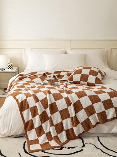 Ultra-Soft Buffalo Checkerboard Grid Fluffy Microfiber Knitted Throw Blanket Super Cozy Lightweight Checkered Bed Blanket for Sofa Couch Bed Khaki 51X63