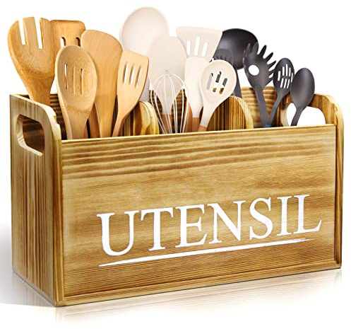 brekle Kitchen Utensil Holder Rustic Large Wooden Utensil Organizer Cooking Tools Storage (Farmhouse Wooden)