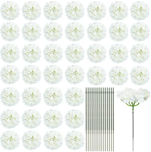Janinka 60 Pieces Silk White Hydrangea Artificial Flowers Heads Full Hydrangea Flowers with 100 Pcs Stems Faux White for Wedding Centerpieces Long Fake Bouquet for Home Decor Indoor Garden