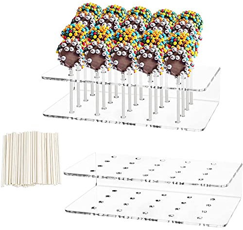 2 Pièces Support Cake Pop, Présentoir à Sucettes, Présentoir à Gâteaux Transparent, Livré avec 100 Bâtonnets de Papier Lollipop pour Bonbons, Biscuits et Gâteaux