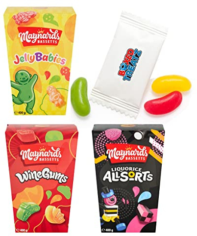Maynards Bassetts Sweet Selection 3 Boxes Liquorice Allsorts, Jelly Babies And Wine Gums 400g - 1.2kg Great Gift Party Pack Bundle Sweet Gift Bundle Boxed Treatz