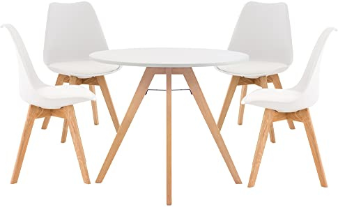 CLP Gruppo di sedute Livik I 4X Sedia Linares 1X Tavolo Viktor I Gruppo da Pranzo Moderno, Colore:Bianco