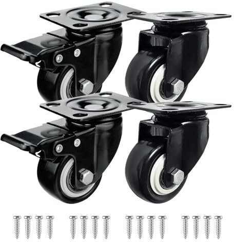 LMS Data Heavy Duty Castors Wheels - 4 Pack 50mm Castor Wheel Screws Set up to 200 KG Weight Moving- Black Quiet Swivel Trolley Wheels for Furniture, Bed (Black Castor - With 2 Brakes)